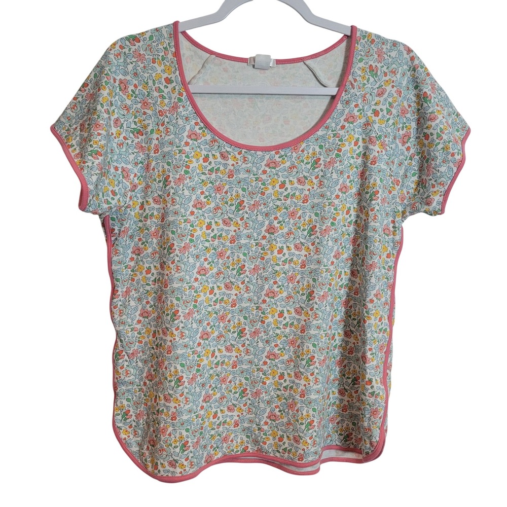 Lake Pajamas‎ Womens Large Floral Pima Cotton Short Sleeve Lounge Top Pink Blue